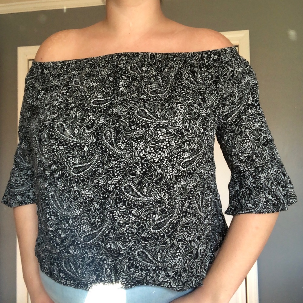 Black and White Paisley Print Off The Shoulder Top